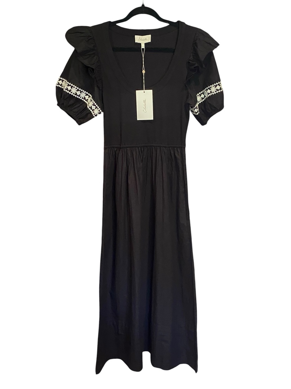 Cleobella Selma Black Midi Dress Embroidered Puff Sleeves Womens Size Small NWT